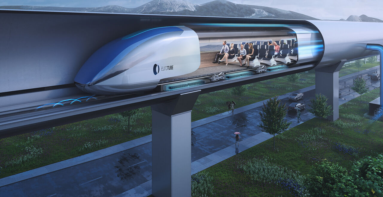 Hyperloop ist Reisen im Vakuum - Der Luftwiderstand bremst Hochgeschwindigkeitszüge und kostet viel Energie. Die Hyperloop- Technologie gleicht dieses Manko durch Vakuumröhren aus.<br />
  - © Visualisierung: Eurotube