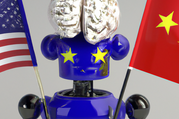 Künstliche Intelligenz KI USA Europa China - © Bild: Edda Holweg / KI dall-e / Prompt: a robot with a brain as a head holding the flag of the EU, the flag of the USA and the flag of China