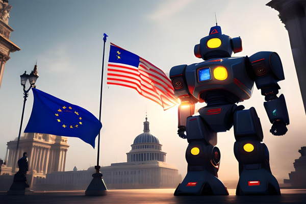 Roboter Künstliche Intelligenz KI - © Bild: Edda Holweg / KI dall-e / Prompt: robot holding the flag of the EU, the flag of the USA and the chinese flag in his hands, with a parlament building in the background