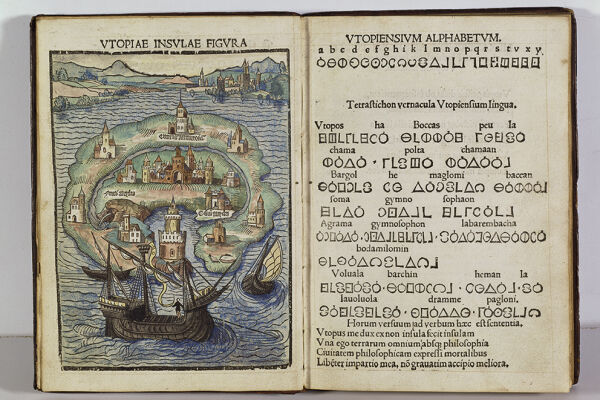 Berühmter „Nicht-Ort“ - In Thomas Morus’ „Utopia“ (hier zu sehen das Frontispiz der Ausgabe von 1516) herrscht keine absolute Gleichheit – Geschlechterunterschiede und Sklaverei bestehen­ fort. - © Foto: © The Trustees of The Wormsley Fund